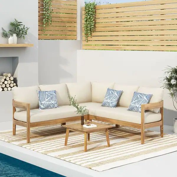 Brooklyn Outdoor Acacia Wood 5 Seater Sectional Sofa Chat Set with Cushions by Christopher Knight... | Bed Bath & Beyond