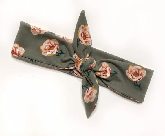 Personalized Olive & Pink Flower Tie Headband | Etsy (US)