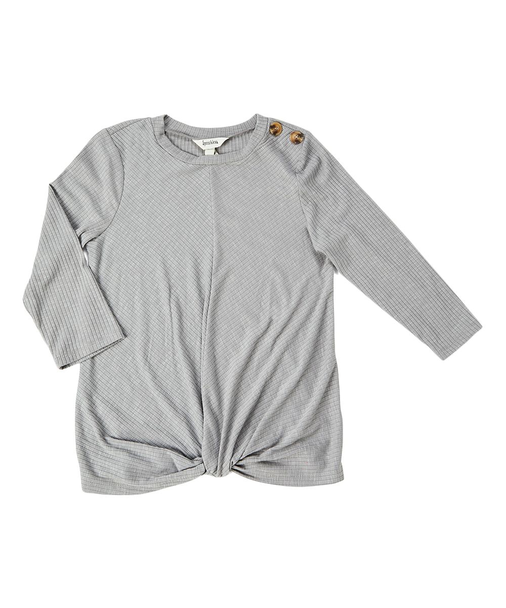 Speechless Girls' Tee Shirts GREY - Gray Knot-Front Ribbed Three-Quarter Sleeve Top | Zulily