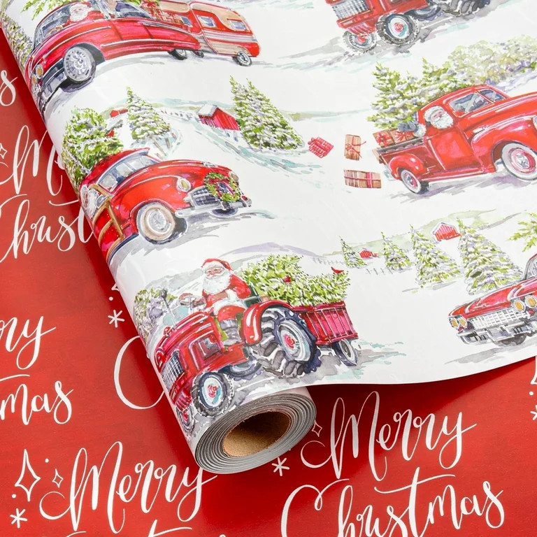 HOMERAL Christmas Reversible Wrapping Paper Roll - Vintage Watercolor Santa & Merry Christmas Let... | Walmart (US)