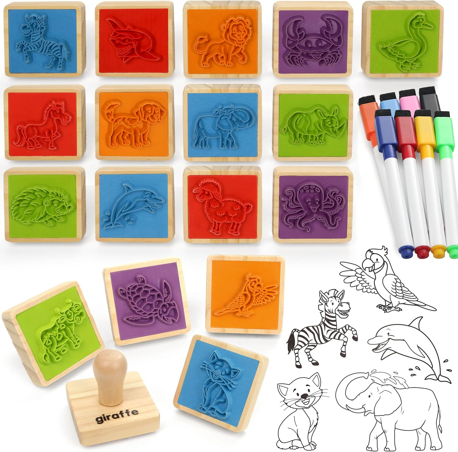Coogam Wooden Animal Stamps Printing Toy Set, 20pcs Color Shape Stamping for DIY Scrapbook Arts C... | Amazon (US)