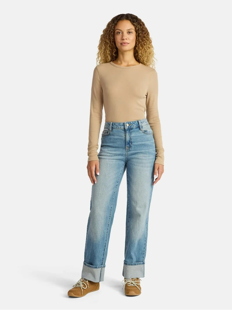 Time and Tru Women's Rib Tee with Long Sleeves, Size XS-XXXL | Walmart (US)