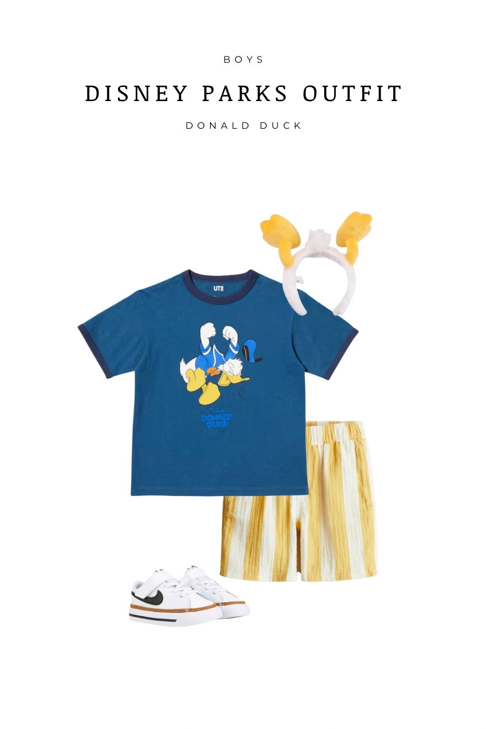 Donald Duck inspired Disney parks outfit for boys featuring a bold graphic tee, comfy striped shorts, and classic sneakers. Topped off with a fun Donald Duck headband for the perfect character look at the parks. Easy, comfortable, and playful for long Disney days