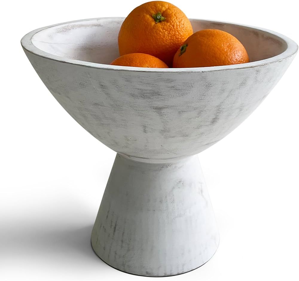 White Fruit Bowl - 8 Inch Wide White Wooden Footed Bowl – Coastal, Shabby Chic or Farmhouse Cen... | Amazon (US)