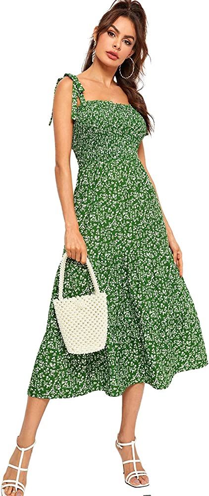 SheIn Women's Sleeveless Straps Shirred Floral Print Ruffle Flare A Line Midi Dress | Amazon (US)