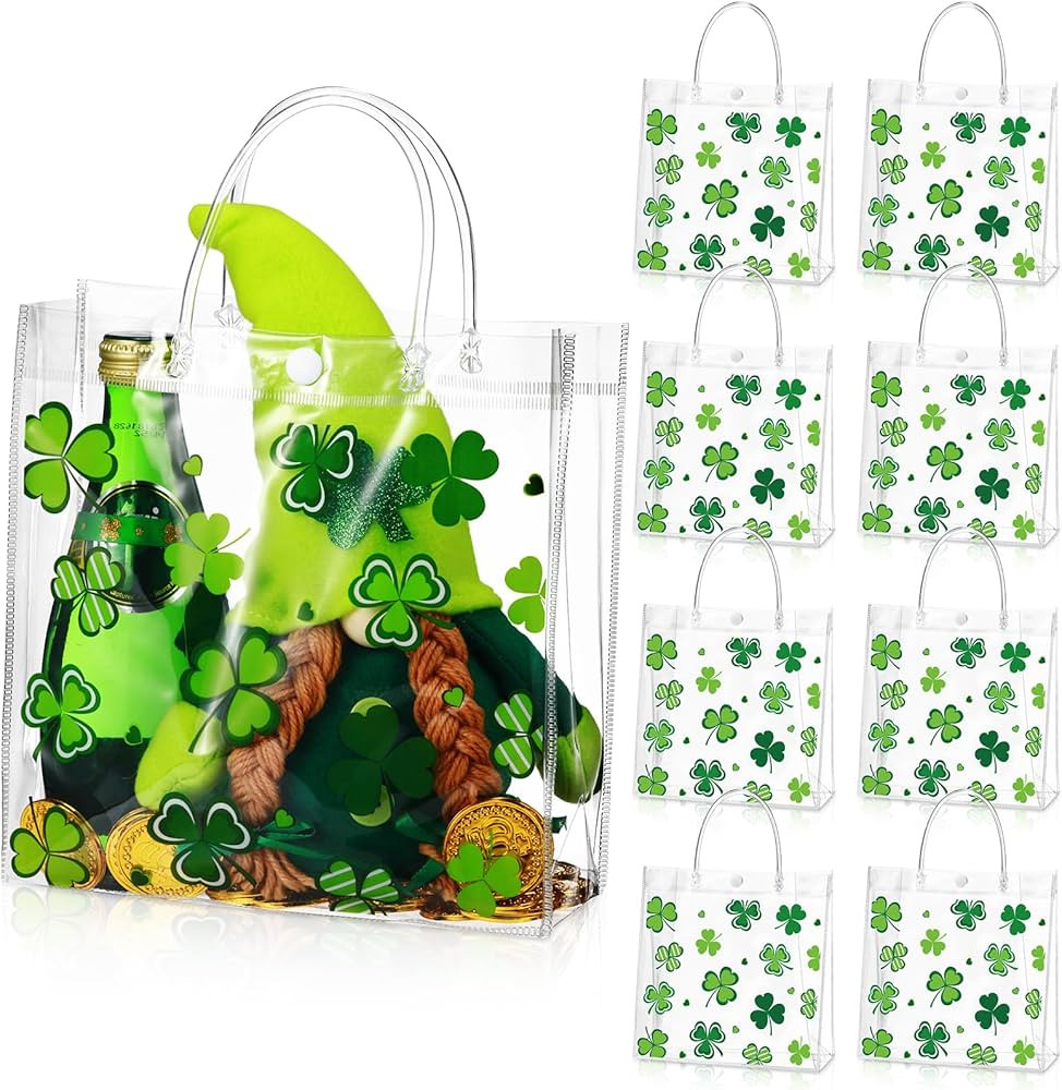Hosuly 24 Pcs St. Patrick's Day Clear PVC Gift Bags with Handle Button Reusable Lucky Shamrock Ca... | Amazon (US)