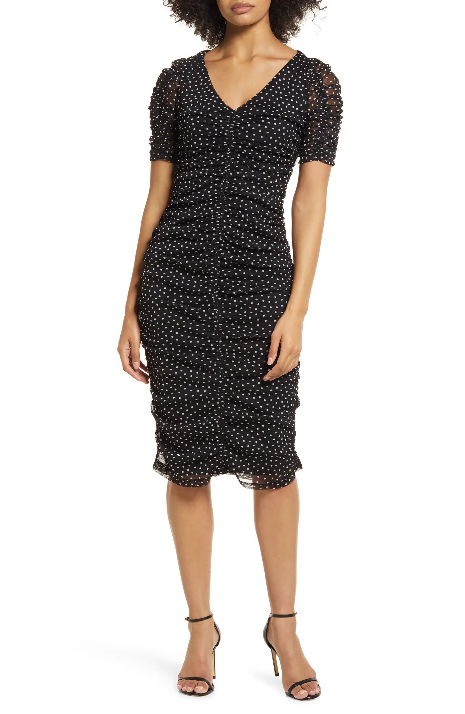 Black Halo Sonia Polka Dot Sheath Mesh Midi Dress | Nordstrom | Nordstrom