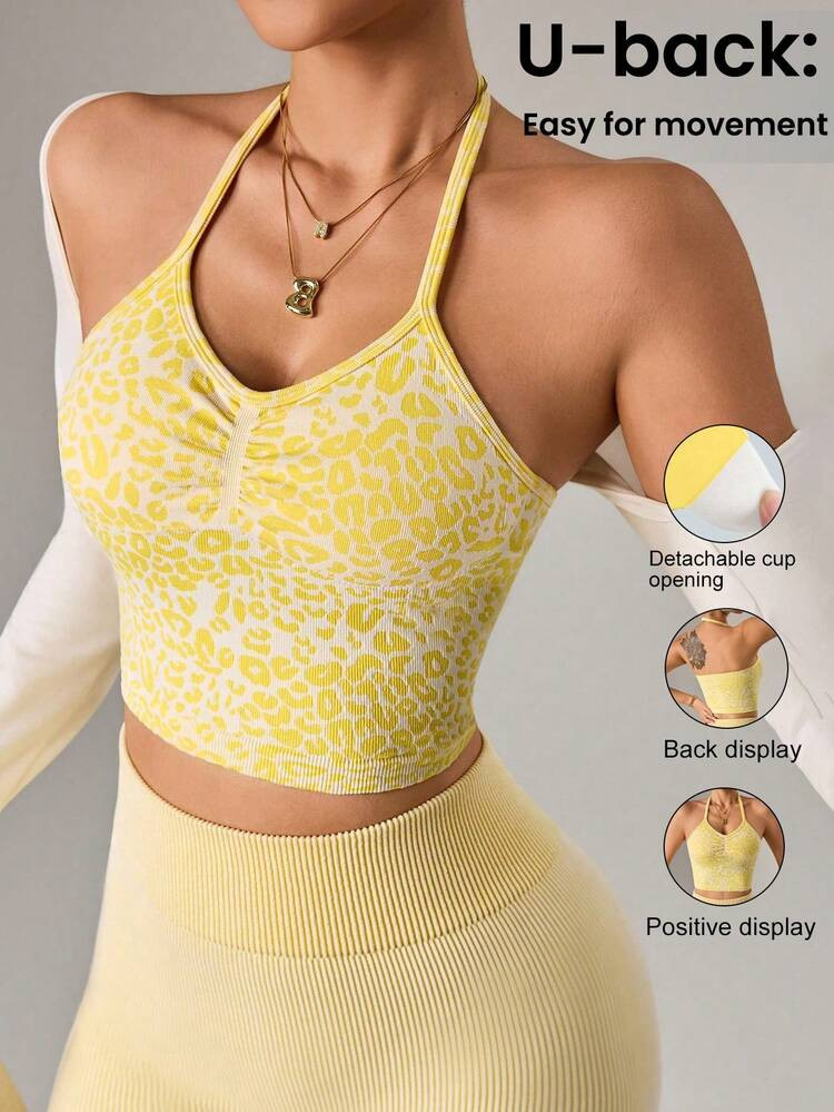 Dewbera Top Deportivo De Suéter Sin Costuras Con Estampado De Leopardo Y Tirantes Desmontables, Versátil Para Usar Solo O En Capas | SHEIN