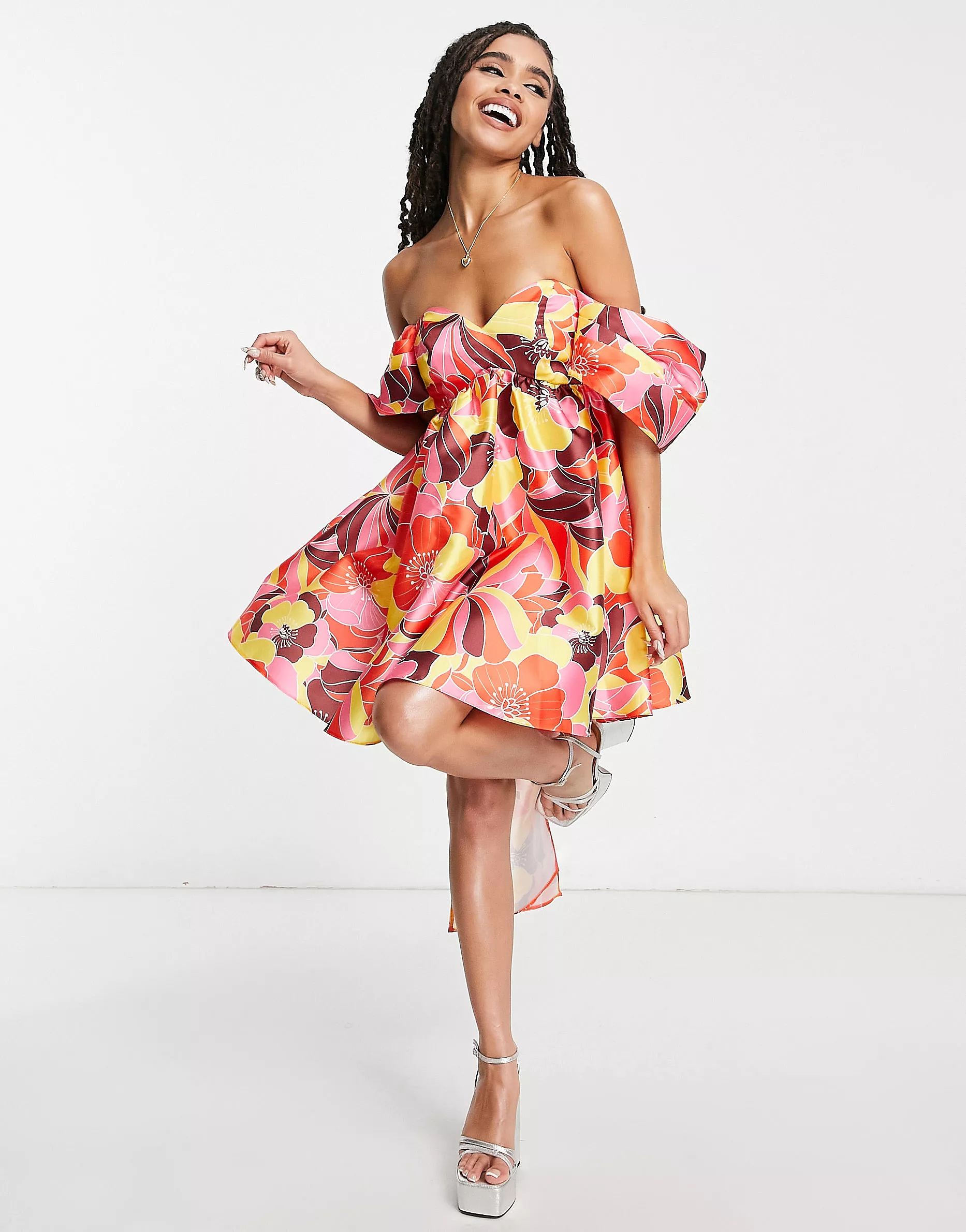 ASOS LUXE off shoulder baby doll mini dress in bright floral print | ASOS (Global)