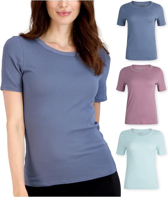 Lucky Brand Women's T-Shirt - 3 Pack Stretch Cotton Crewneck Ribbed Short Sleeve Shirt - Basic So... | Amazon (US)