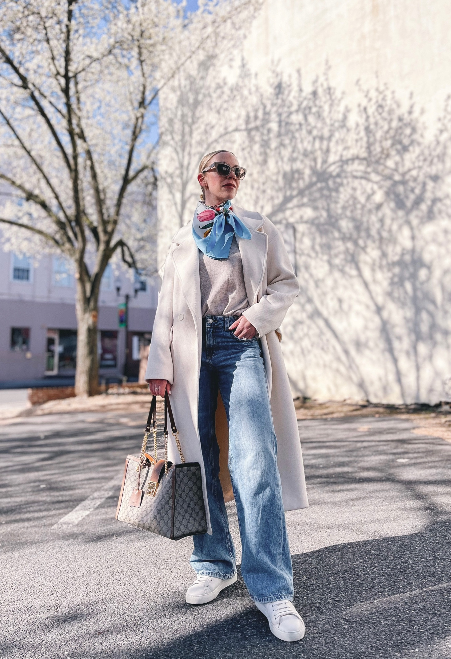 Spring outfit, beige coat, wide leg jeans, white sneakers, Gucci silk scarf, classic style 

#LTKstyletip #LTKunder50 #LTKSeasonal