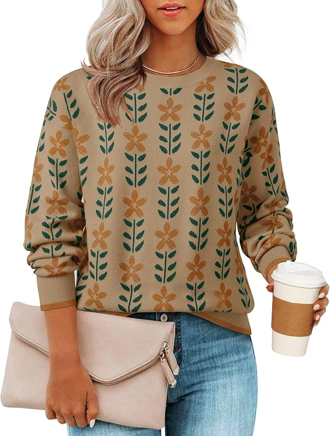 ZESICA Women's Long Sleeve Crewneck Sweater 2024 Fall Printed Cute Oversized Knitted Pullover Top... | Amazon (US)