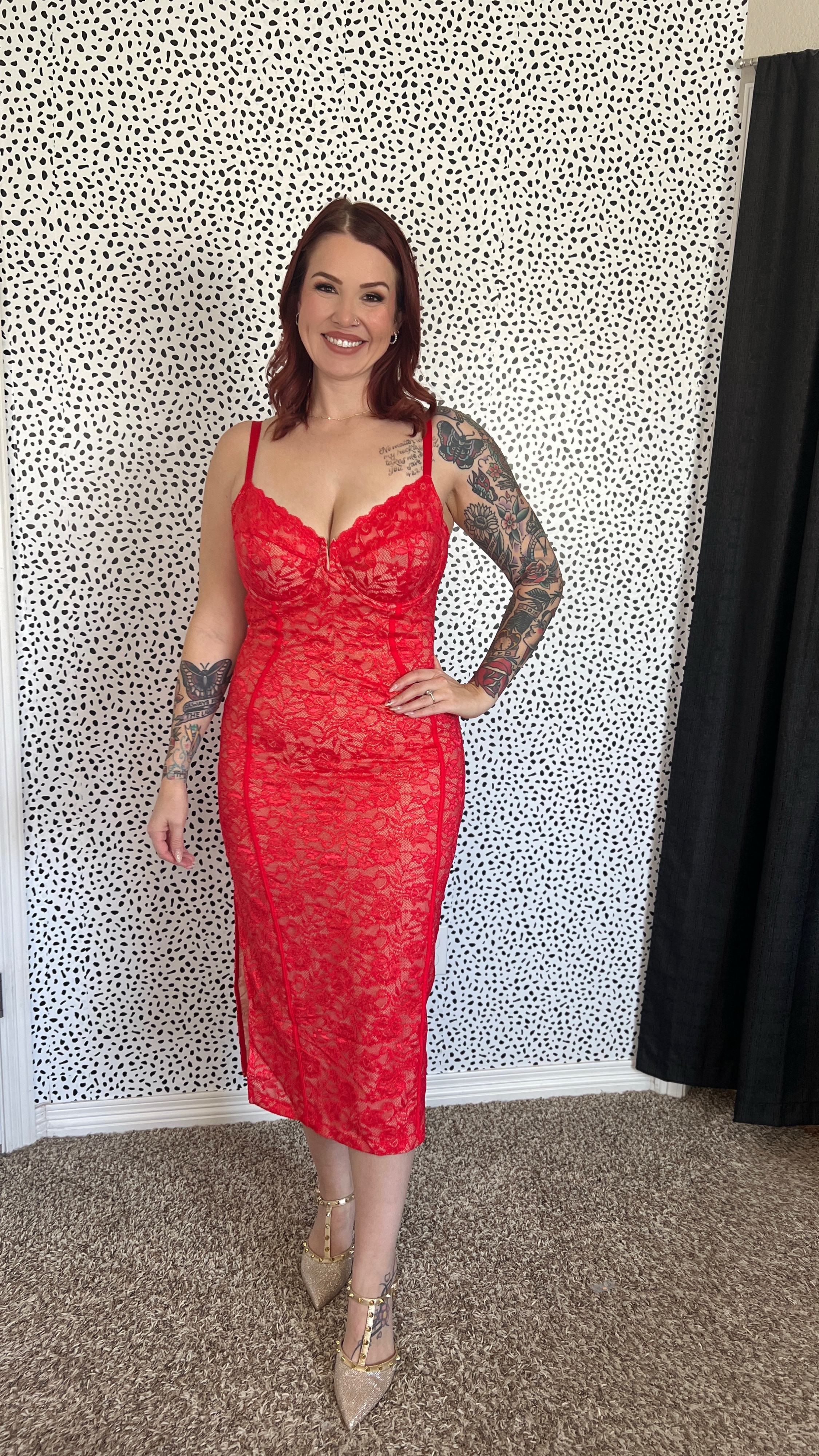 Popilush red lace dress with built in shapewear and underwire support (meaning no bra 🙌🏻).
The length of the dress is so sophisticated and classy and the little slit on the side adds to the sexiness of this dress. The detailing on the front helps give you that hour glass shape and snatches you in so nicely. It’s a soft material inside the dress and is very comfortable (even with the shapewear).
I  wearing a XL (I’m 5’6”, 169)

#LTKParties #LTKMidsize #LTKSaleAlert