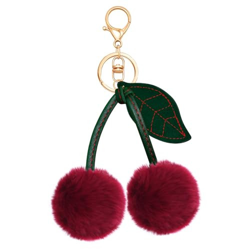 SKYFUN Cute Cherry Keychain Plush Big Fluffy Keychain Bag Charms for Handbags Fuzzy Cherry Ball Purse Charms Wallet Backpack Jewelry Accessories Gift for Birthday Christmas, Wine Red | Amazon (US)