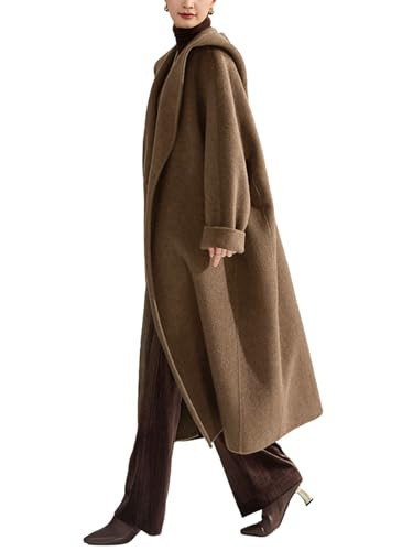 utcoco Women's Winter Belted Wool Coat Lapel Collar Pea Coat Open Front Long Wool Trench Coat with Hood (X-Small, Brown) | Amazon (US)