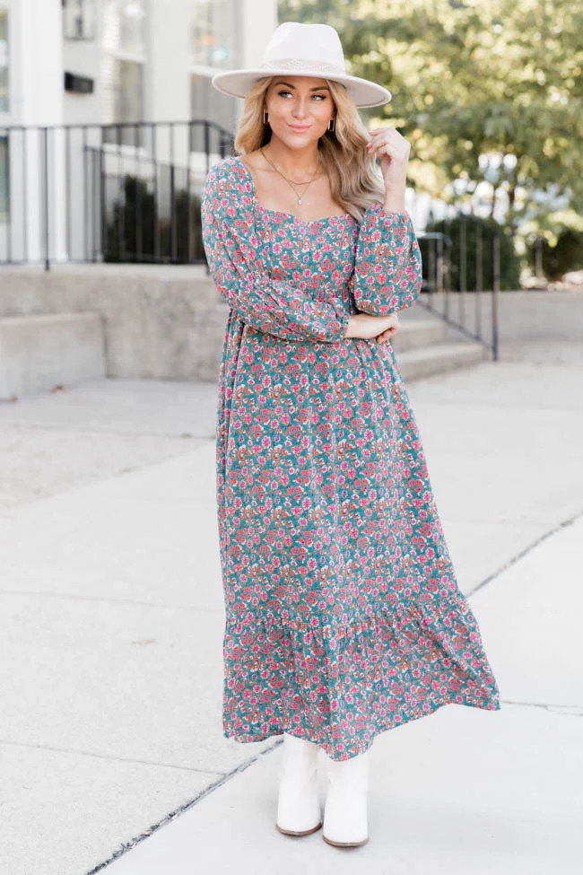 Oh So Thankful Teal Floral Maxi Dress | Pink Lily