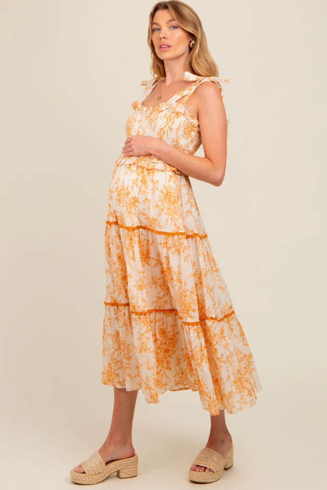 Peach Floral Sleeveless Ruffle Tiered Maternity Midi Dress | PinkBlush Maternity