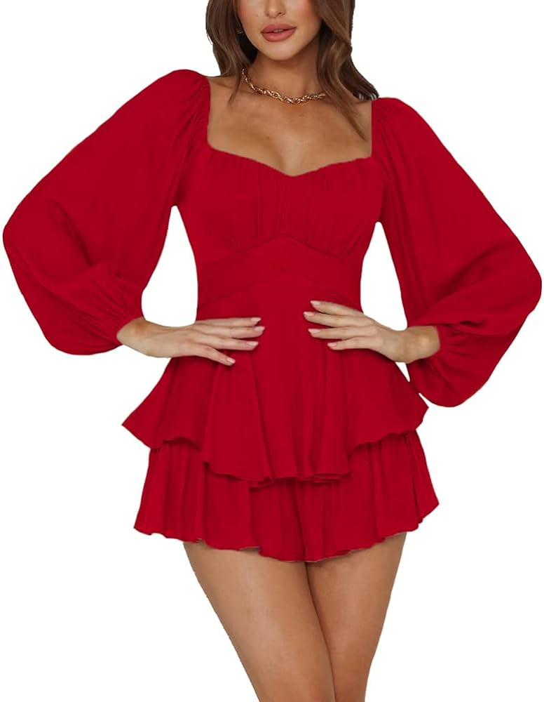 LYANER Women's Jumpsuit Lantern Long Sleeve Ruffle Layer Tie Mini Short Romper | Amazon (US)