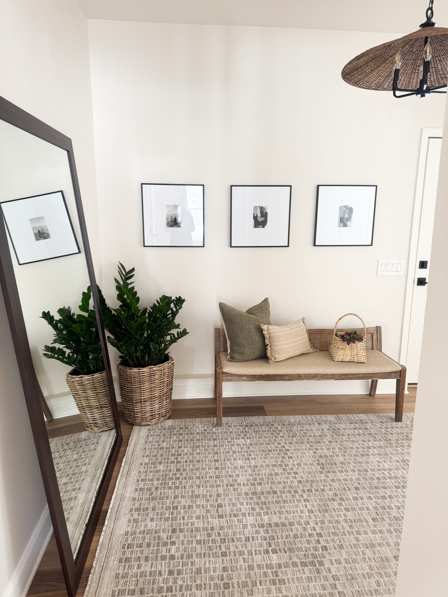 Neutral organic mudroom. Loving this custom mirror! We needed a statement piece in here that was both functional and flowed with the space. 

Mirror details: 
Frame my Mirror 
Pendleton Mirror with dark walnut frame 

#LTKHome