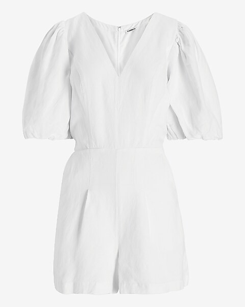 Linen-Blend Puff Sleeve Romper | Express