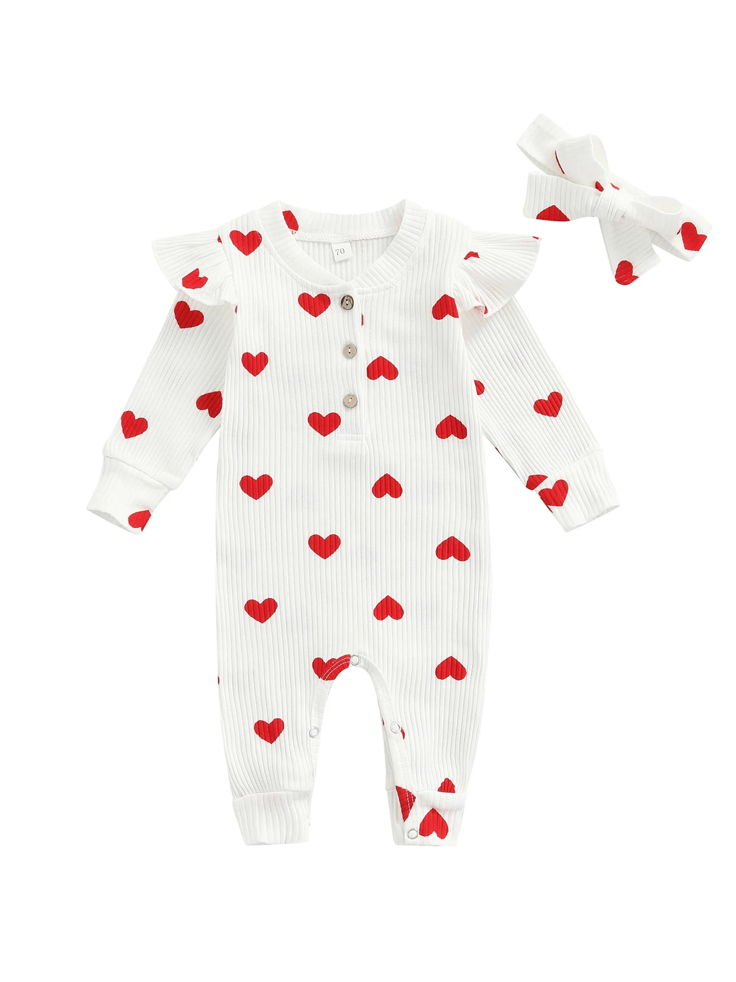 My First Valentines Day Baby Girl Outfit Newborn Long Sleeve Button Jumpsuit Heart Knit Bodysuit ... | Walmart (US)