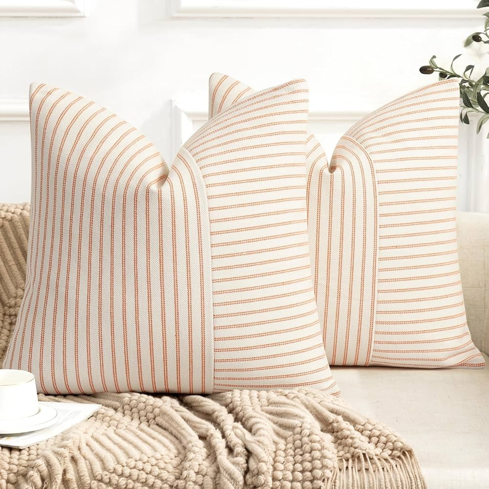 YCOLL Fall Pillow Covers 18x18, Modern Accent Throw Pillow Covers Set of 2, Burnt Orange Striped ... | Amazon (US)