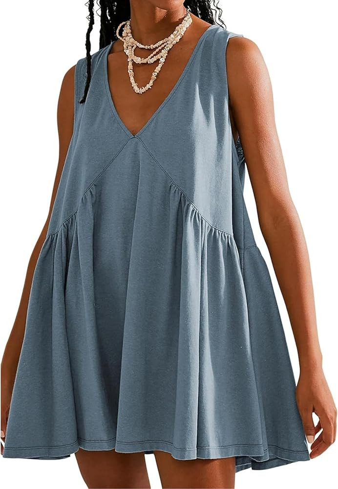 OPCAKM Women's V Neck Sleeveless Mini Dress Loose Summer Pleated Swing Flowy Sundress | Amazon (US)