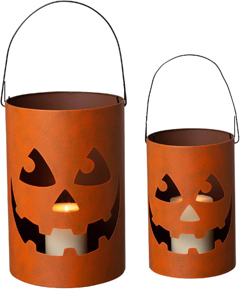 Glitzhome GH20040 Halloween Jack O Lantern Candle Holder Bucket Decoration, 11.02'H, Set of 2 | Amazon (US)