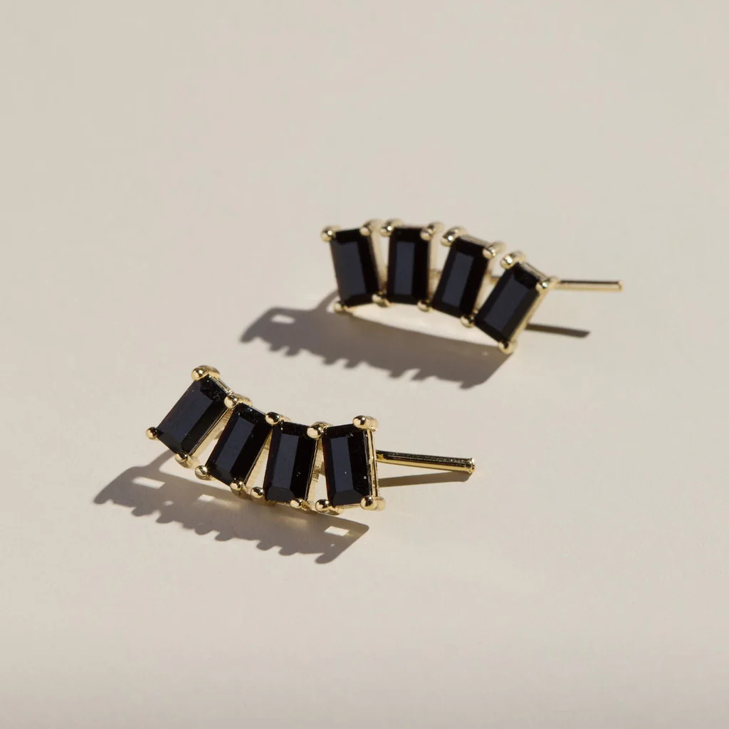 Black Crystal Baguette Ear Climber | Nickel and Suede
