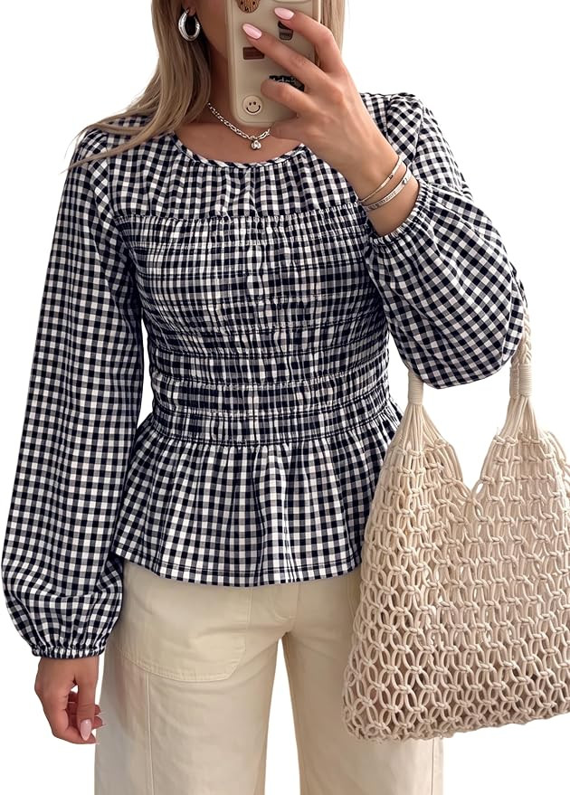 Watashi Women Gingham Smocked Peplum Top Long Sleeve Blouse | Casual Trendy Fall Tops Lantern Sle... | Amazon (US)