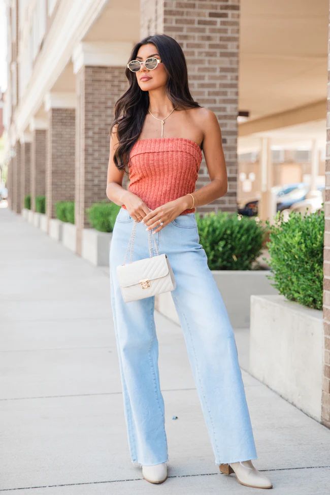 Sounds Of Joy Rust Strapless Sweater | Pink Lily