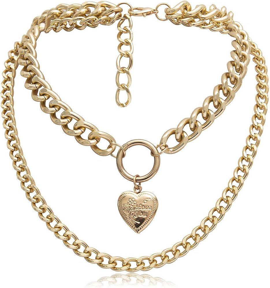 EFTOM Layered Chain Choker Necklaces for Women Gold Punk Chunky Choker Elegant Heart Locket Lock ... | Amazon (US)