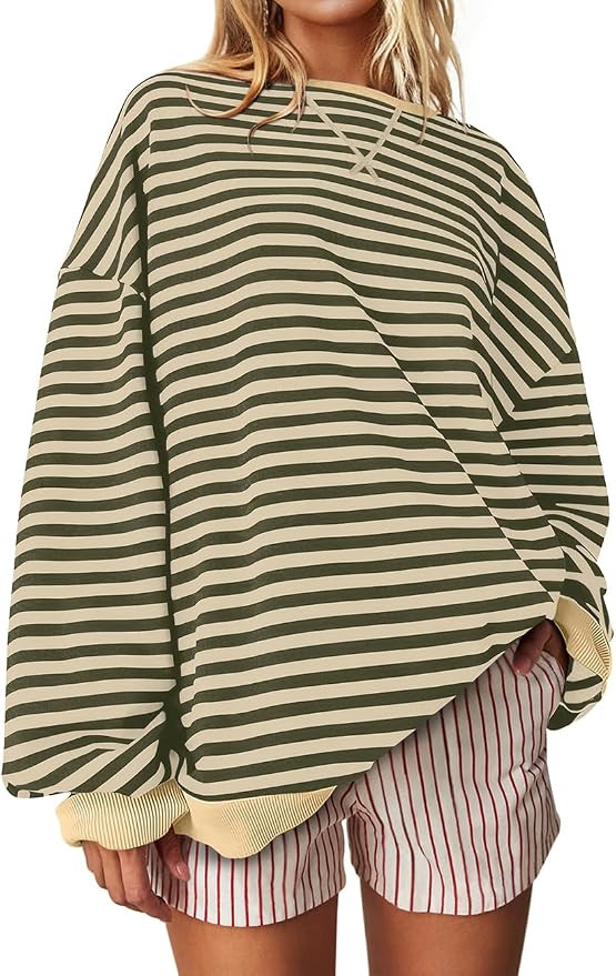 UEU Women Oversized Striped Crewneck Sweatshirt Long Sleeve Casual Pullover | Amazon (US)