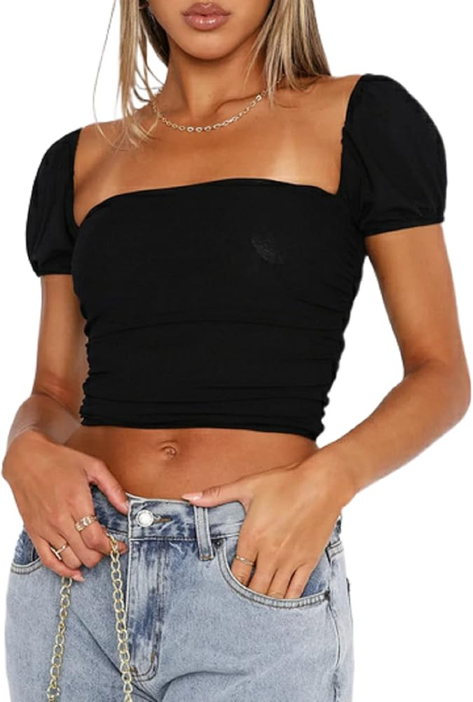 Women Square Neck Ruched Tank Top Drawstring Cropped Cami Tops Solid Color Fitted Teen Summer Clo... | Amazon (US)