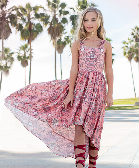 Joyfolie Girls' Casual Dresses Coral - Coral Floral Quinn Hi-Low Dress - Toddler & Girls | Zulily