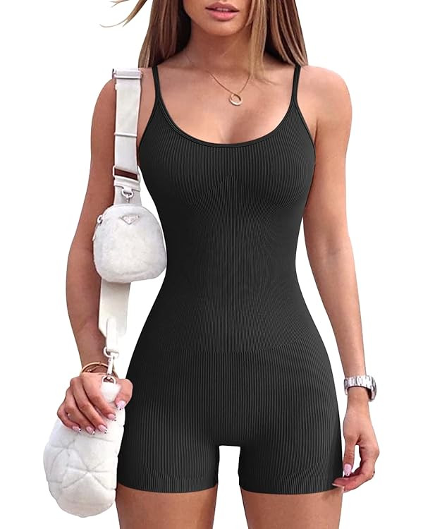 Women Workout Seamless Jumpsuit Yoga Ribbed Bodycon One Piece Spaghetti Strap Shorts Romper | Amazon (US)