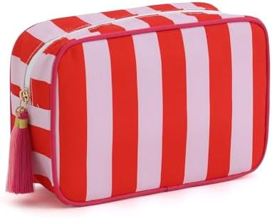 Stripe Makeup Bag Travel Cosmetic Bag Organizer Tassel Toiletry Bag Large Canvas Zipper Pouch and... | Amazon (US)