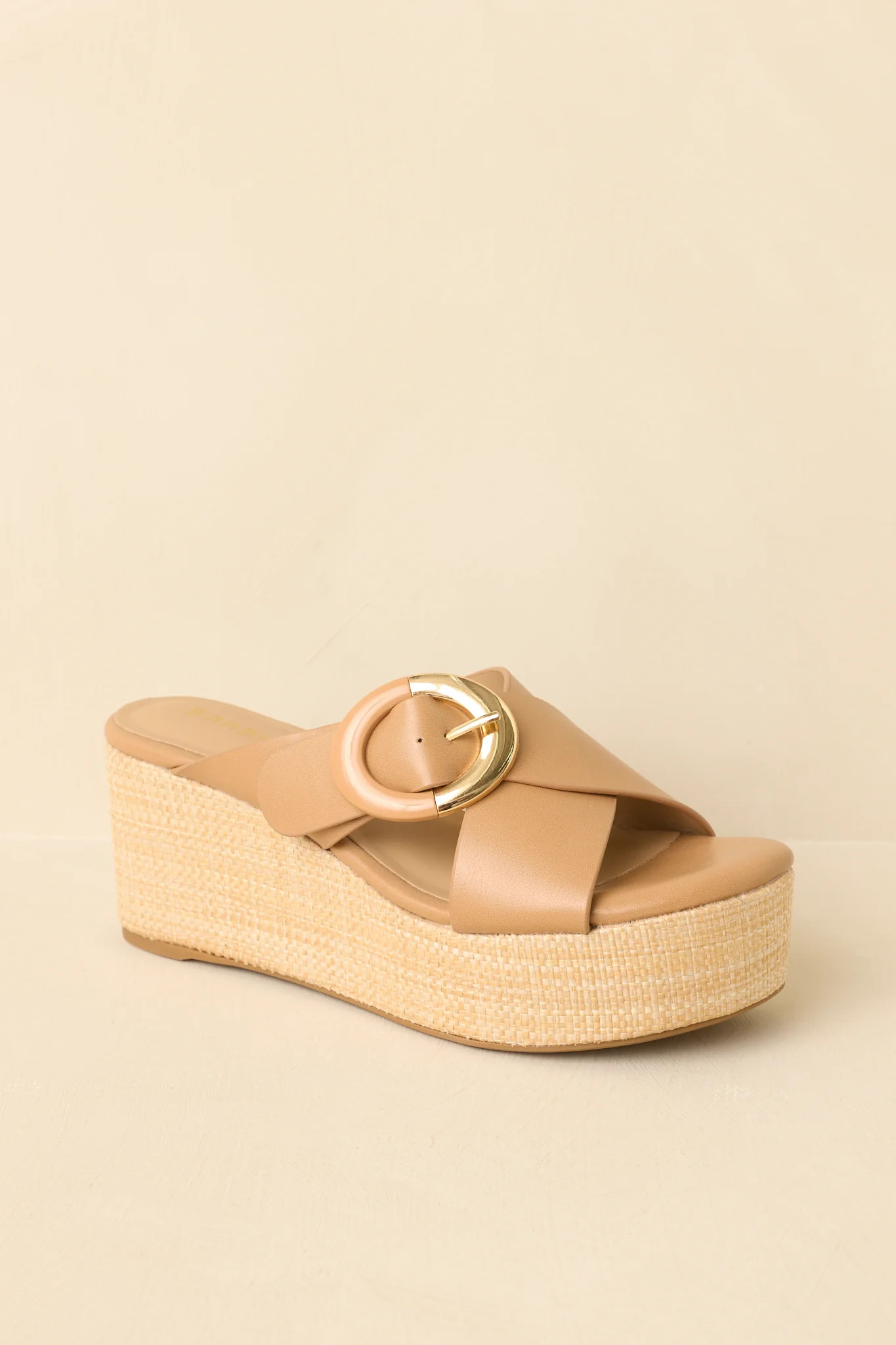 Feeling Elated & Elevated Tan Faux Leather Platform Wedge Sandals | Red Dress