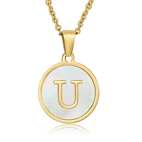 Gold Initial Necklace, 26 Capital A-Z Shell Letter Necklace, Shell Letter Necklaces Pendant Stainless Steel initial necklaces for Women Jewelry(Round White Shell-U) | Amazon (US)