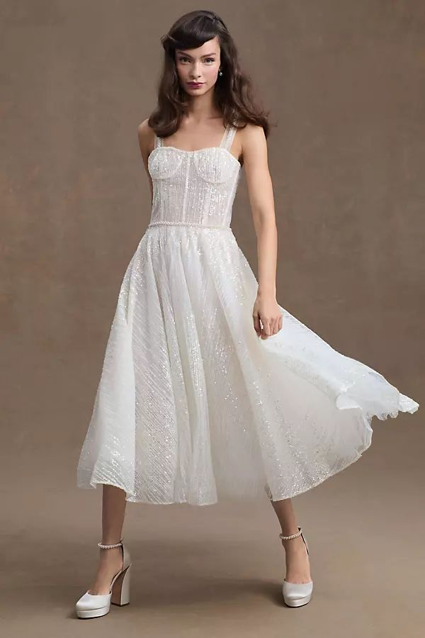 Bronx and Banco Mademoiselle Corset Sequined Midi Dress By Bronx and Banco in White Size XS | Anthropologie (US)