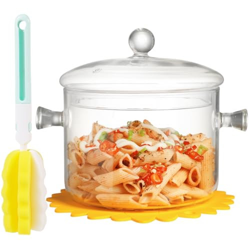 Clear Glass Cooking Pot With Lid And Brush And Silicone Hot Pads On Stove - 2L(68oz) Borosilicate Glass Simmer Pot And Pan With Cover - Glass Cookware Stovetop Pot Set For Pasta, Noodle, Soup, Milk | Amazon (US)