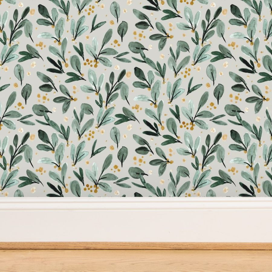 Winter berry sprigs - gold on gray | Spoonflower