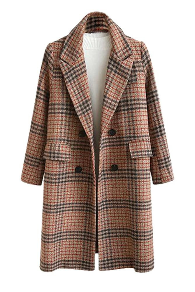 CHARTOU Women's Winter Oversize Lapel Collar Woolen Plaid Double Breasted Long Peacoat Jacket | Amazon (US)