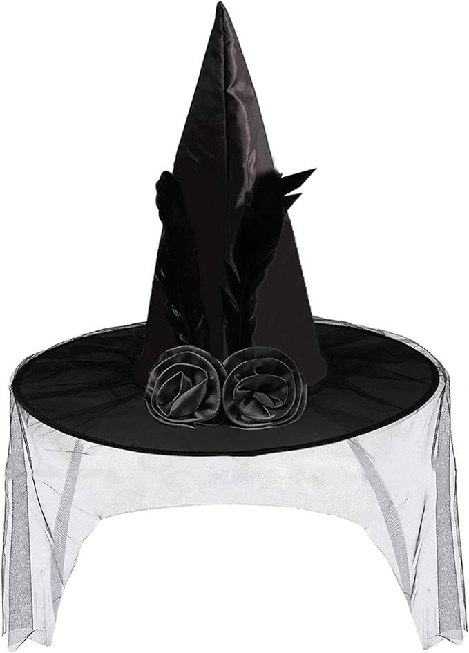 Halloween Witch Hat with Soft Lace Mesh Rose Flower and Feather, Halloween Costume Accessory Blac... | Amazon (CA)