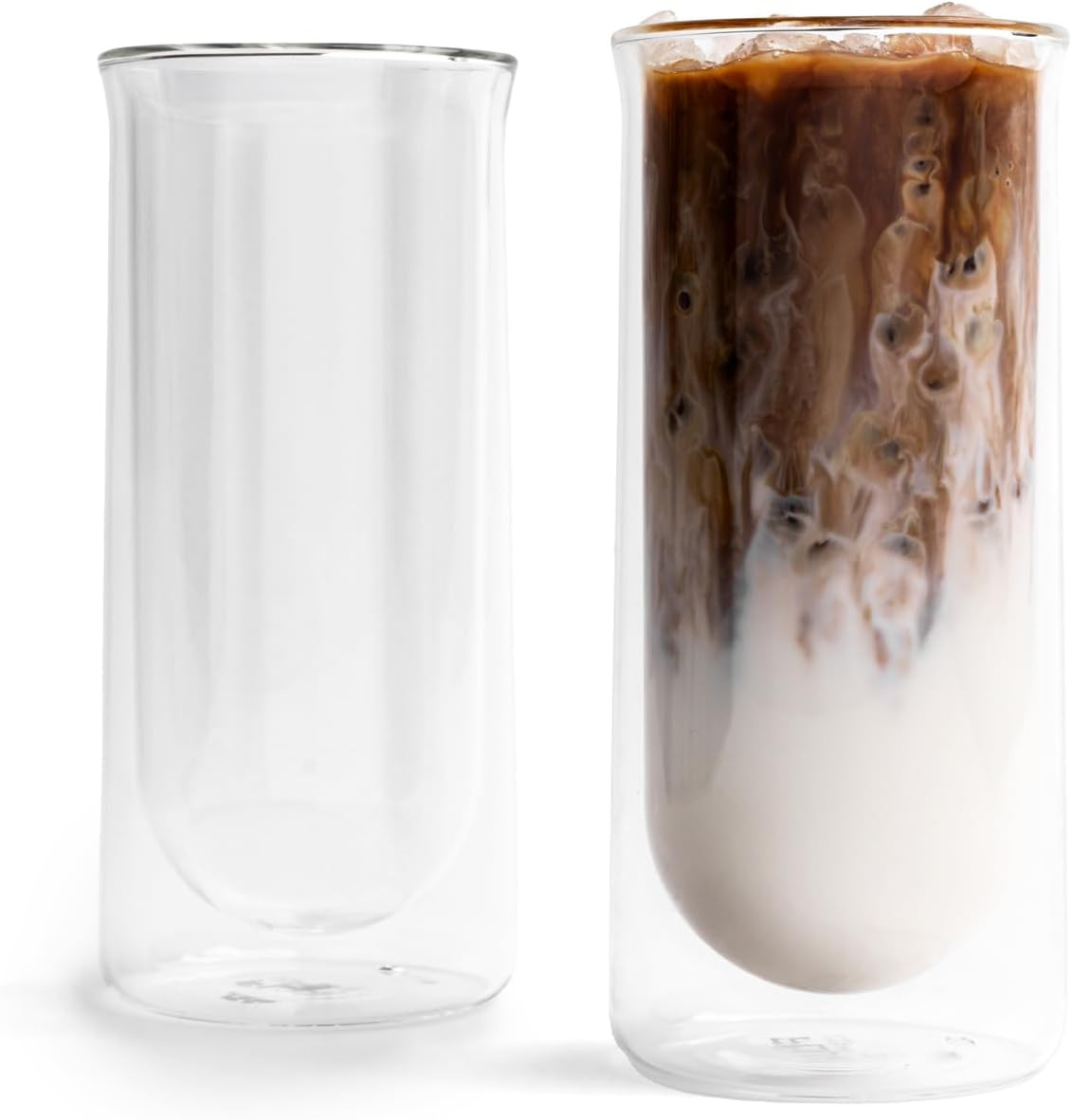 FLUR Iced Coffee Glasses (Set of 2) Perfect for Iced Coffee, Cold Brew & Lattes – Double-Walled Borosilicate Glass – For Hot & Cold Drinks – Lightweight & Easy to Clean – 15.5oz (Clear) | Amazon (US)
