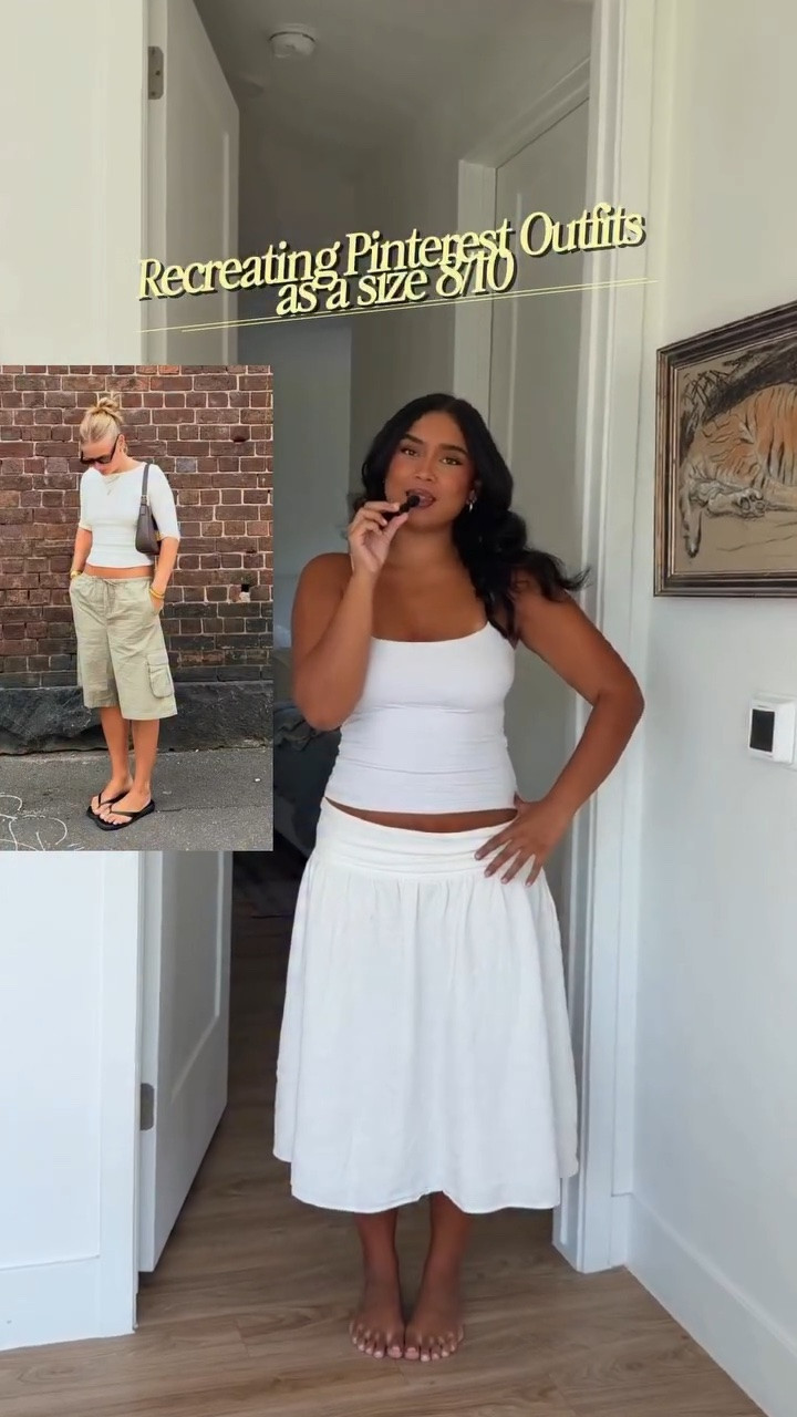 a tank top & jorts always works🤍a favorite comfy summer bottom, would you wear?! Outfit is linked in my LTK, details below:

Jorts @princesspolly 
Tank top @abercrombie 
Flats @puma 
Perfume mist @ellisbrooklyn 
Inspo pic pulled from @pinterest 
#pinterestoutfit #pinterestoutfits #midsizefashion #jorts