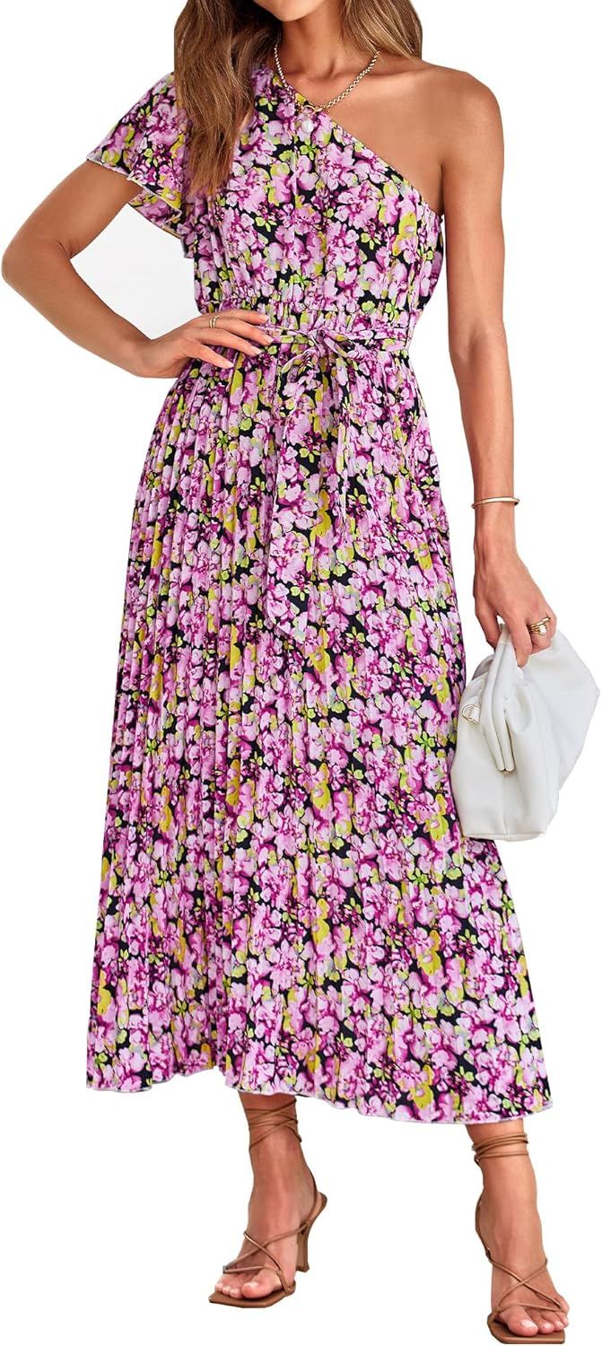 BTFBM Women 2023 Boho Summer One Shoulder Dresses Short Sleeve Floral Solid High Waist Elegant Be... | Amazon (US)
