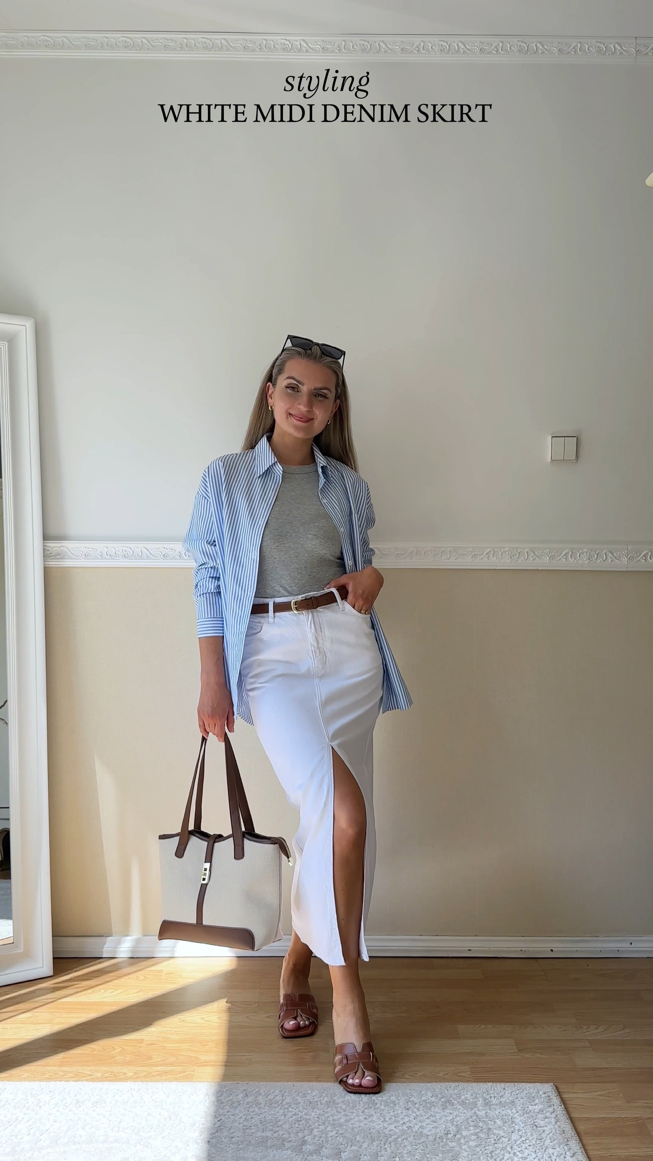 White midi denim skirt outfit for summer 🤍

Styling this skirt with a basic solid light grey tank top, oversized baby blue striped shirt, brown flat sandals, matching brown belt and a shoulder bag for a casual summary look ⛅️

I think this outfit is easy to recreate 🥰


#LTKFindsUnder50 #LTKStyleTip #LTKFindsUnder100