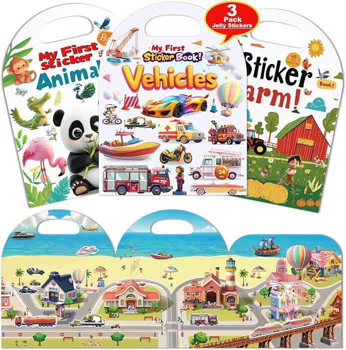 3-Pack Reusable Sticker Books for Toddlers 2-4 Years, Vehicles Truck, Animals & Farm Jelly Activi... | Amazon (US)