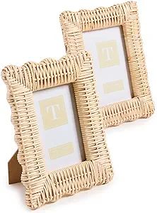 Two's Company Women's Wicker Weave Set of 2 Photo Frames, Rattan, Tan, 5.5 x 7.5 inches | Amazon (US)